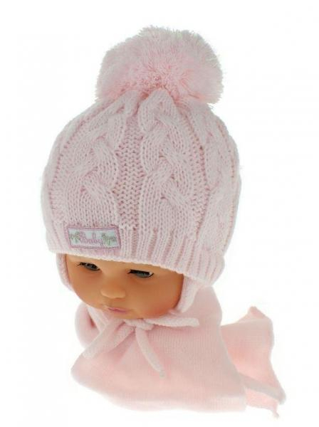 Zimní pletená čepička s šálou Baby Bear - růžová s bambulkou - 62-68 (3-6m)