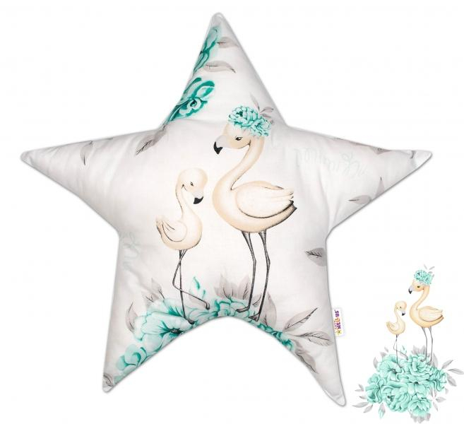 Bavlněný dětský dekorační polštář, Hvězdička, Plameňák - mátový