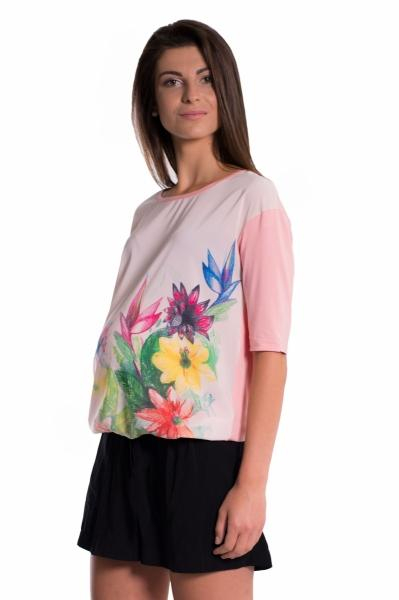 Těhotenské triko/halenka s potiskem květin - růžové, vel. M - M (38)