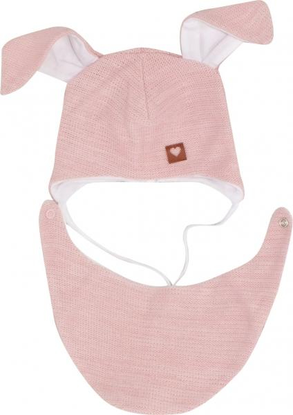 Dvouvrstvá pletená čepice na zavazování s šátkem 2v1, Zajíček - růžová, vel. 80 - 80 (9-12m)