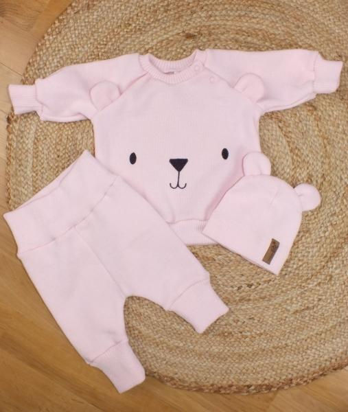 Pletená kojenecká sada 3D Medvídek, svetřík, tepláčky + čepička Kazum - růžová, vel. 62 - 62 (2-3m)