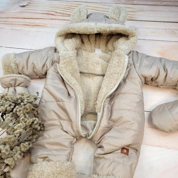 Zimní prošívaná kombinéza s kožíškem a kapucí + rukavičky + botičky, - béžová, vel. 68 - 68 (3-6m)