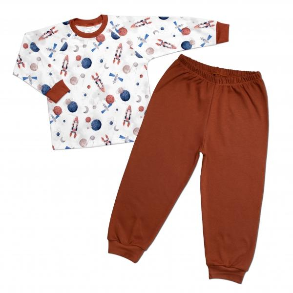 Dětské pyžamo 2D sada, triko + kalhoty, Cosmos, Mrofi - hnědá/bílá, vel. 98 - 98 (2-3r)
