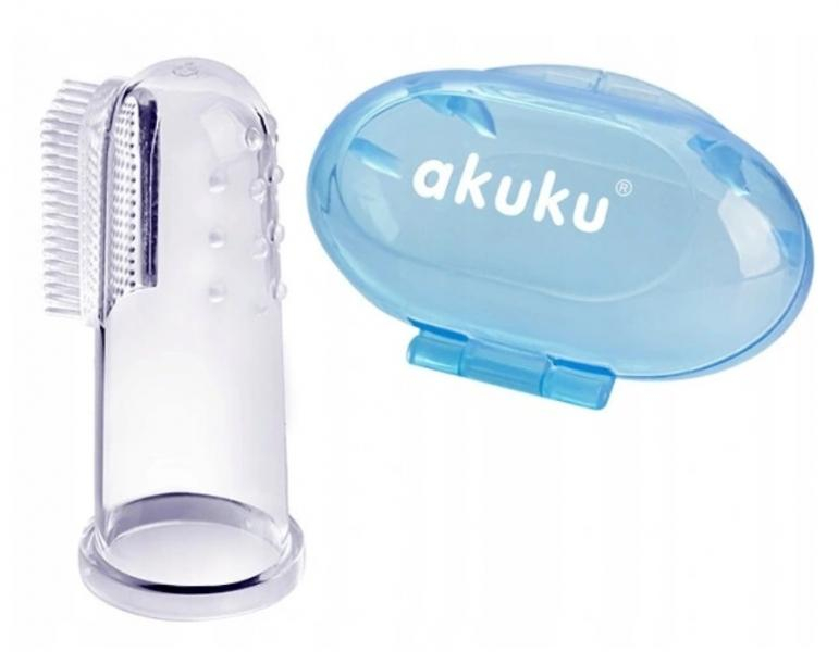 Zubní kartáček pro miminka, silikonový s pouzdrem - modrý, Akuku