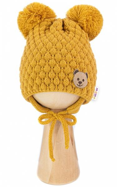 Zimní pletená čepice Teddy Bear na zavazování, hořčicová - 68/80, (6-12m), - 68-80 (6-12m)