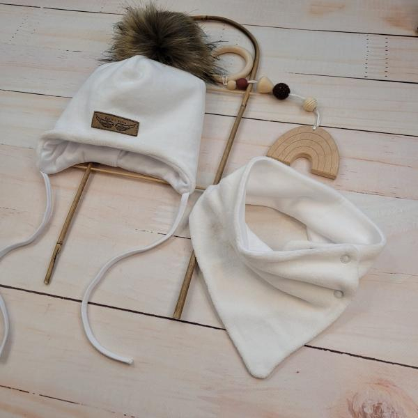 Zimní dvouvrstvá čepice na zavazování s bambulí z kožešinky + šátek - bílá, vel. 68/74 - 68-74 (6-9m)