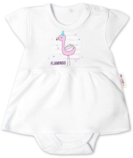 Bavlněné kojenecké sukničkobody, kr. rukáv, Flamingo - bílé, vel. 62 - 62 (2-3m)