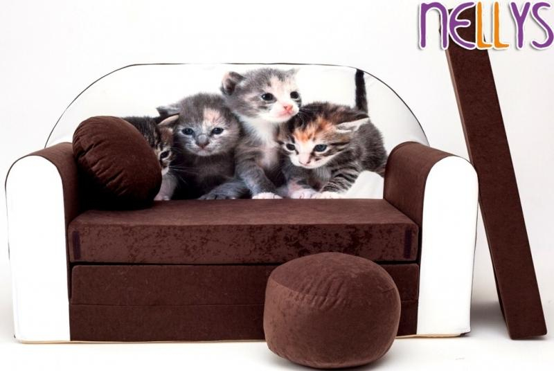 Rozkládací dětská pohovka XL Nellys, 32R - Kočičky v hnědé