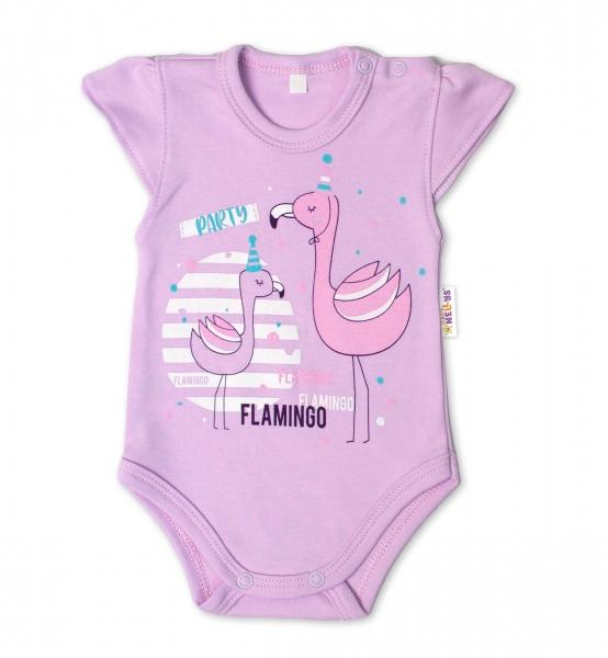 Bavlněné kojenecké body, kr. rukáv, Flamingo - lila, vel. 74 - 74 (6-9m)