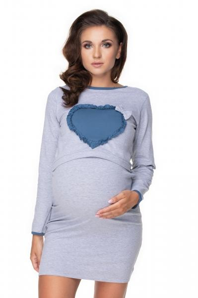 Těhotenská, kojící noční košile srdce, dl. rukáv - šedá, vel. XXL - XXL (44)