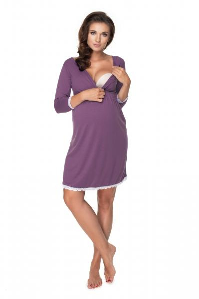 Těhotenská, kojící noční košile s krajkou, 3/4 rukáv - fialová, vel. L/XL - L/XL
