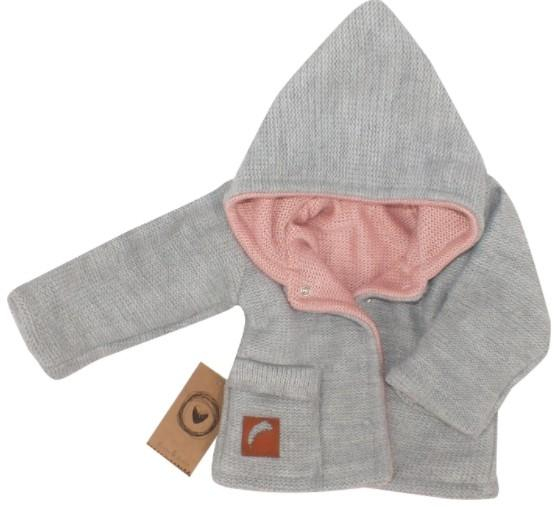 Pletený, oboustranný svetřík, kabátek s kapucí - růžovo-šedý, vel. 62 - 62 (2-3m)