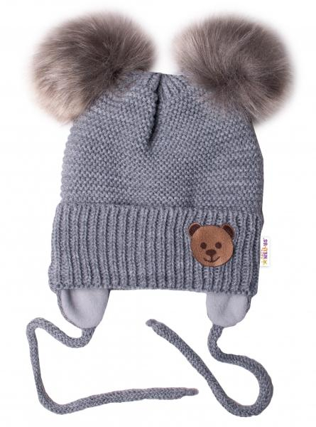 Dětská zimní čepice s fleecem Teddy Bear - chlupáčk. bambulky - tm. šedá, šedá,- 56-68 (0-6 m)
