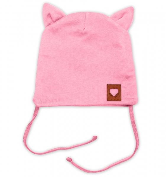 Bavlněná dvouvrstvá čepice s oušky na zavazování FOX - růžová, vel. 80/86 - 80-86 (12-18m)