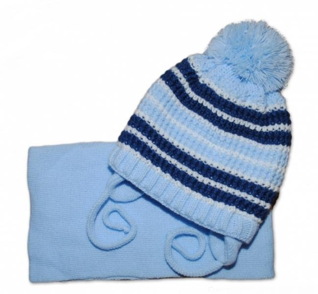 Zimní pletená čepička se šálou - pruhovaná modrá