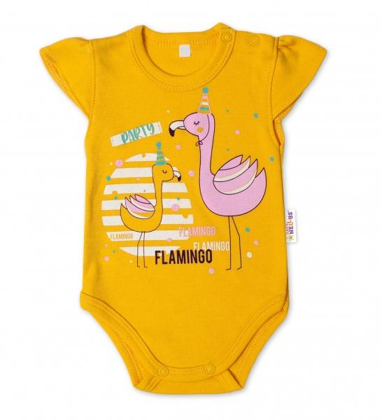 Bavlněné kojenecké body, kr. rukáv, Flamingo - hořčicové, vel. 62 - 62 (2-3m)