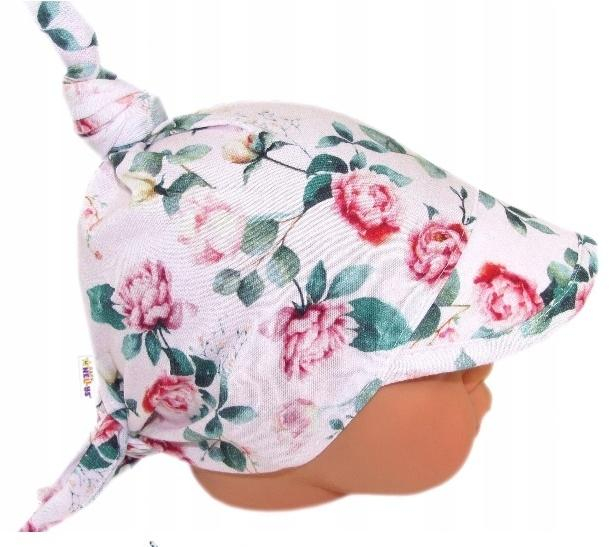 Dětský bavlněný šátek s kšiltem na zavazování, poupata - sv. růžová - 68-86 (6-18m)