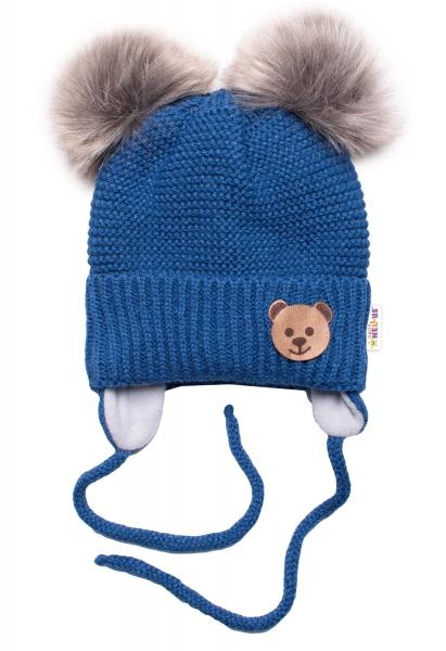 Dětská zimní čepice s fleecem Teddy Bear- chlupáčk. bambulky - tm. modrá, šedá,- 56-68 (0-6 m)