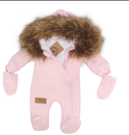 Zimní kombinéza s kapucí a kožešinou + rukavičky - růžová, vel. 62 - 62 (2-3m)