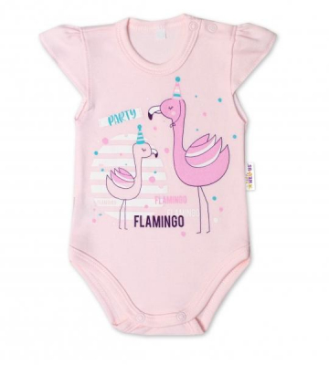 Bavlněné kojenecké body, kr. rukáv, Flamingo - sv. - růžové, vel. 74 - 74 (6-9m)