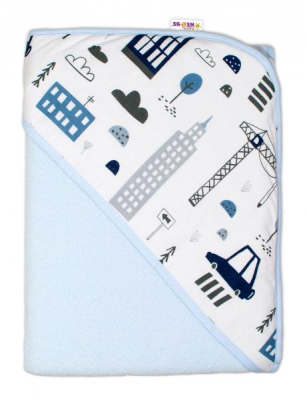 Dětská osuška s kapucí Městečko - 100 x 100 cm - modrá/bílá
