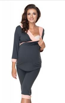 Těhotenské, kojící pyžamo 3/4 - grafit/ růžové lemování, vel. L/XL - L/XL