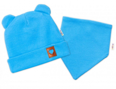 Žebrovaná dvouvrstvá čepice s oušky + šátek TEDDY - modrá - 56-62 (0-3m)