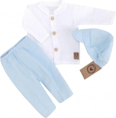 Mušelínová košile, kalhoty + čepice, 3D sada, Boy Z&Z, bílá/modrá - 56 (1-2m)
