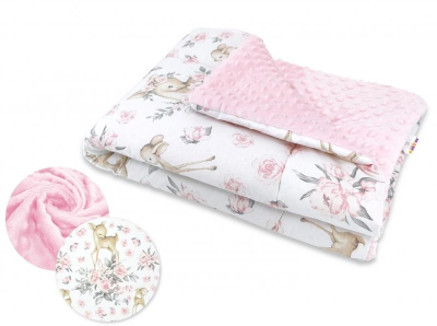 Oteplená bavlněná deka s Minky 100x75cm, Srnka a růže - růžová