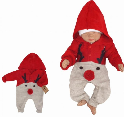 Dětský pletený Vánoční overálek s kapucí a knoflíčky Baby Sob - červený, vel. 74 - 74 (6-9m)