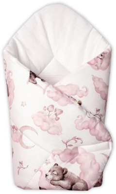 Novorozenecká bavlněná zavinovačka Zvířátka na mráčku, růžová/bílá