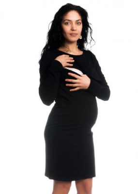 Těhotenské/kojící šaty s volánkem, dlouhý rukáv - černé, vel. - XL - XL (42)