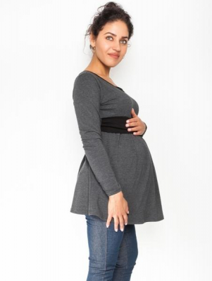 Těhotenská tunika s páskem, dlouhý rukáv Amina - grafit/pásek - černý, vel. S - S (36)