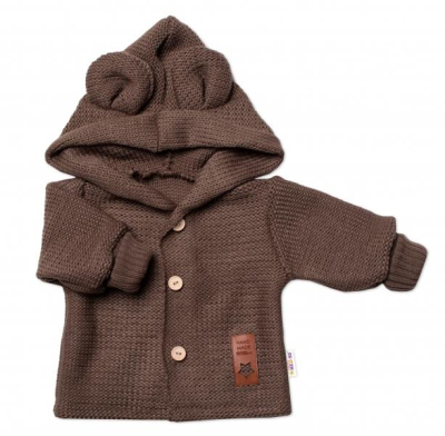 Dětský elegantní pletený svetřík s knoflíčky a kapucí s oušky - hnědý - 56 (1-2m)