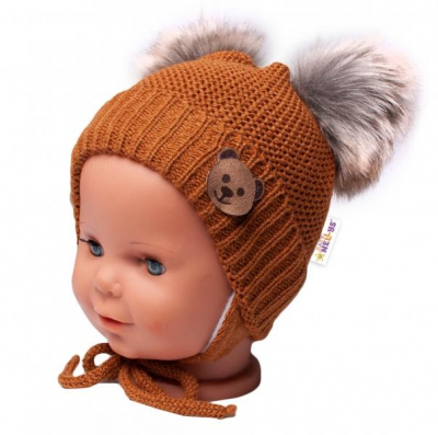 Dětská zimní čepice s fleecem Teddy Bear - chlupáčk. bambulky - hnědá, šedá, - 56-68 (0-6 m)