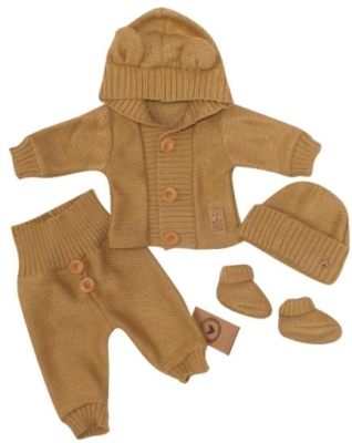 4-dílná kojenecká soupravička, kabátek, tepláčky, čepička a botičky - medová, vel. 68 - 68 (3-6m)