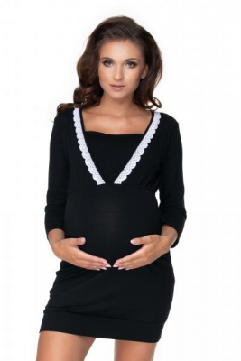 Těhotenská, kojící noční košile s ozdobnou krajkou, 3/4 rukáv - černá, vel. L/XL - L/XL