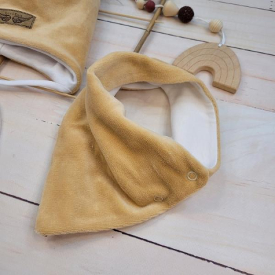Zimní dvouvrstvá čepice na zavazování s bambulí z kožešinky + šátek - béžová, vel.68/74 - 68-74 (6-9m)