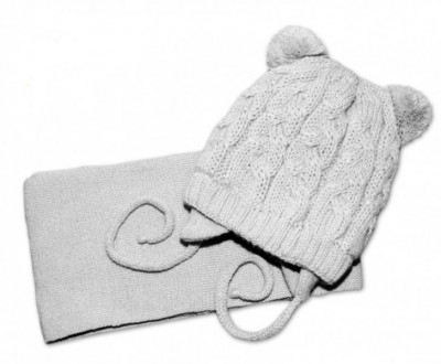 Zimní pletená kojenecká čepička s šálou TEDDY - šedá s bambulkami, vel. 62/68 - 62-68 (3-6m)