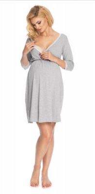 Těhotenská, kojící noční košile s krajkou, 3/4 rukáv - šedá, vel. L/XL - L/XL