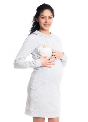 Těhotenské/kojící šaty Anais s kapucí, dlouhý rukáv - sv. šedé, vel. XL - XL (42)