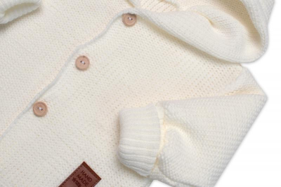 Dětský elegantní pletený svetřík s knoflíčky a kapucí s oušky - ecru, vel. 68 - 68 (3-6m)