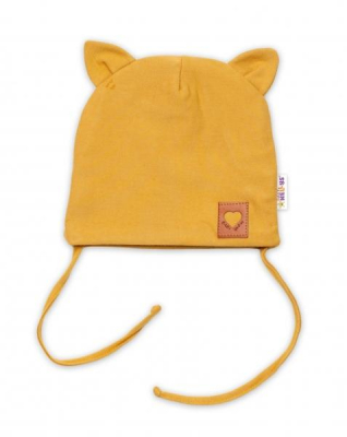 Bavlněná dvouvrstvá čepice s oušky na zavazování FOX - hořčicová - 56-62 (0-3m)