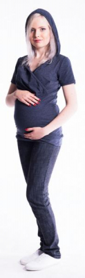 Těhotenské a kojící triko s kapucí, kr. rukáv - jeans, vel. L/XL - L/XL