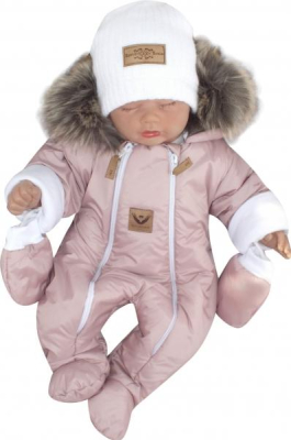 Zimní kombinéza s dvojitým zipem, kapucí a kožešinou + rukavičky, Angel - pudrový, 86 - 86 (12-18m)