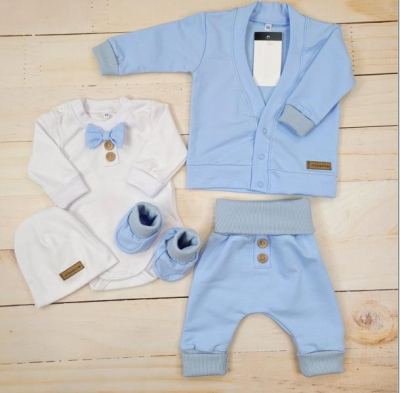 Bavlněná sada, body, kalhoty, motýlek a čepice Elegant Boy 5D, Kazum - modrá/bílá, vel. 74 - 74 (6-9m)