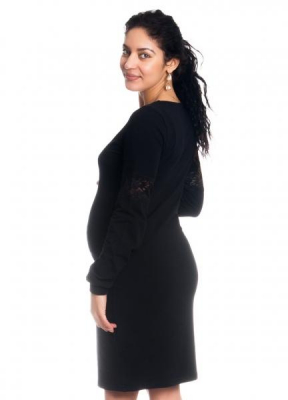 Těhotenské/kojící šaty Kristýna, dlouhý rukáv zdobený krajkou - černé, vel. M - M (38)