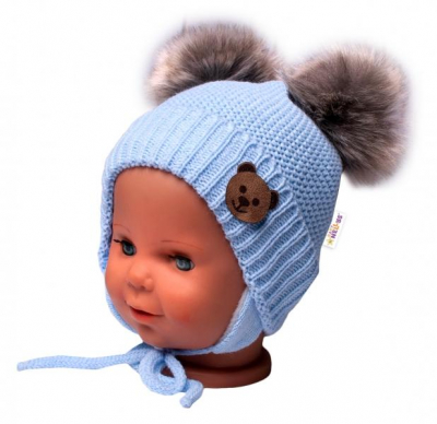 Dětská zimní čepice s fleecem Teddy Bear - chlupáčk. bambulky,sv. modrá, šedá, - 56-68 (0-6 m)
