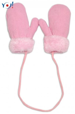Zimní kojenecké rukavičky s kožíškem - se šňůrkou - YO - sv. růžové/růžový kožíšek - 80-92 (12-24m)