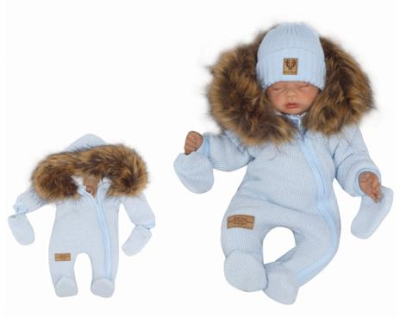 Zimní kombinéza s kapucí a kožešinou + rukavičky - modrá, vel. 74 - 74 (6-9m)